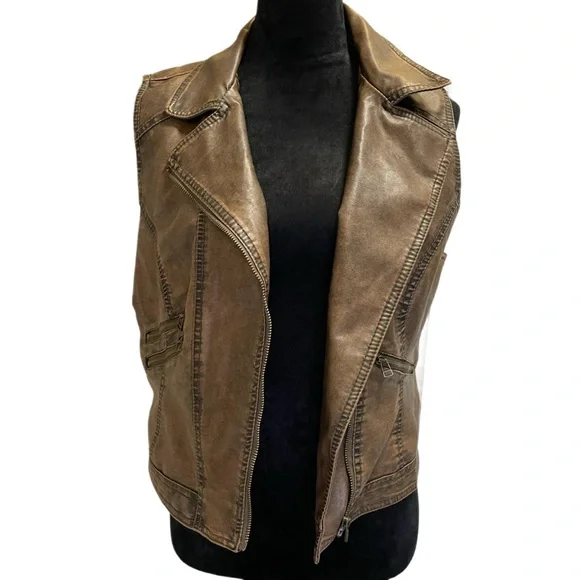 Body C Women's Brown Distressed Faux Leather Biker Moto Vest Jacket L - Picture 3 of 8